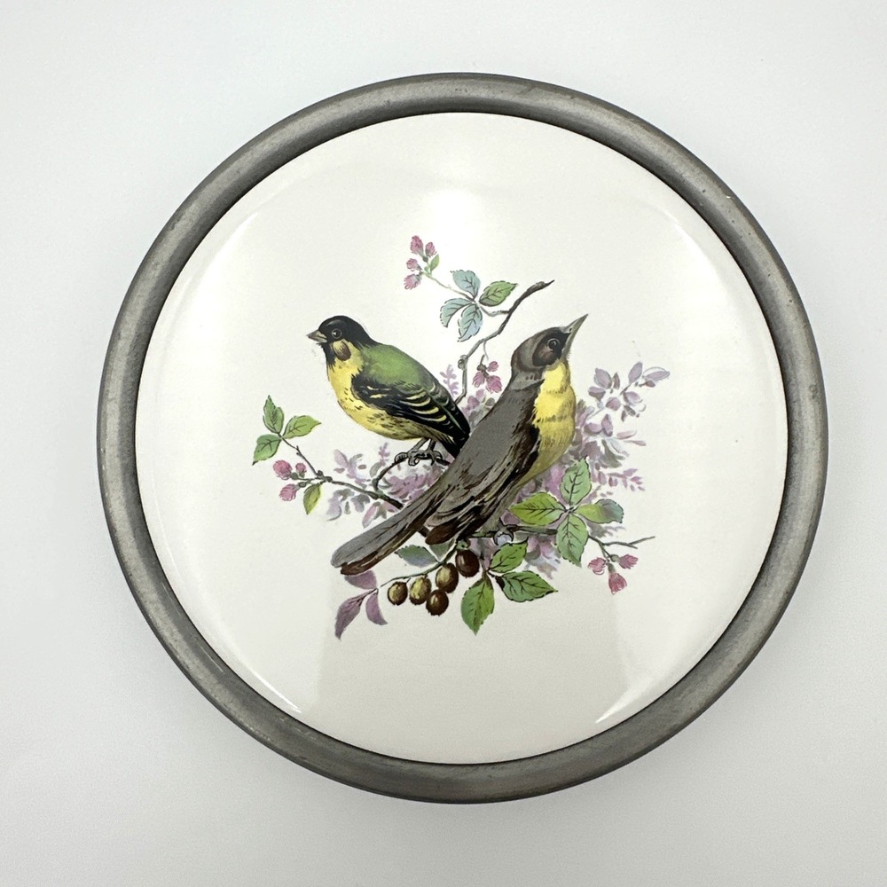 Pocono RR Pewter Trivet Bird Ceramic Insert Vintage Round Hot Plate Footed Base